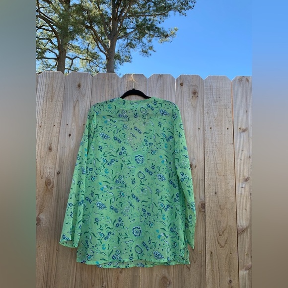 Susan Graver Womens Shirt Medium Green  Floral Long Sleeve Sheer Tunic Blouse - Picture 6 of 6